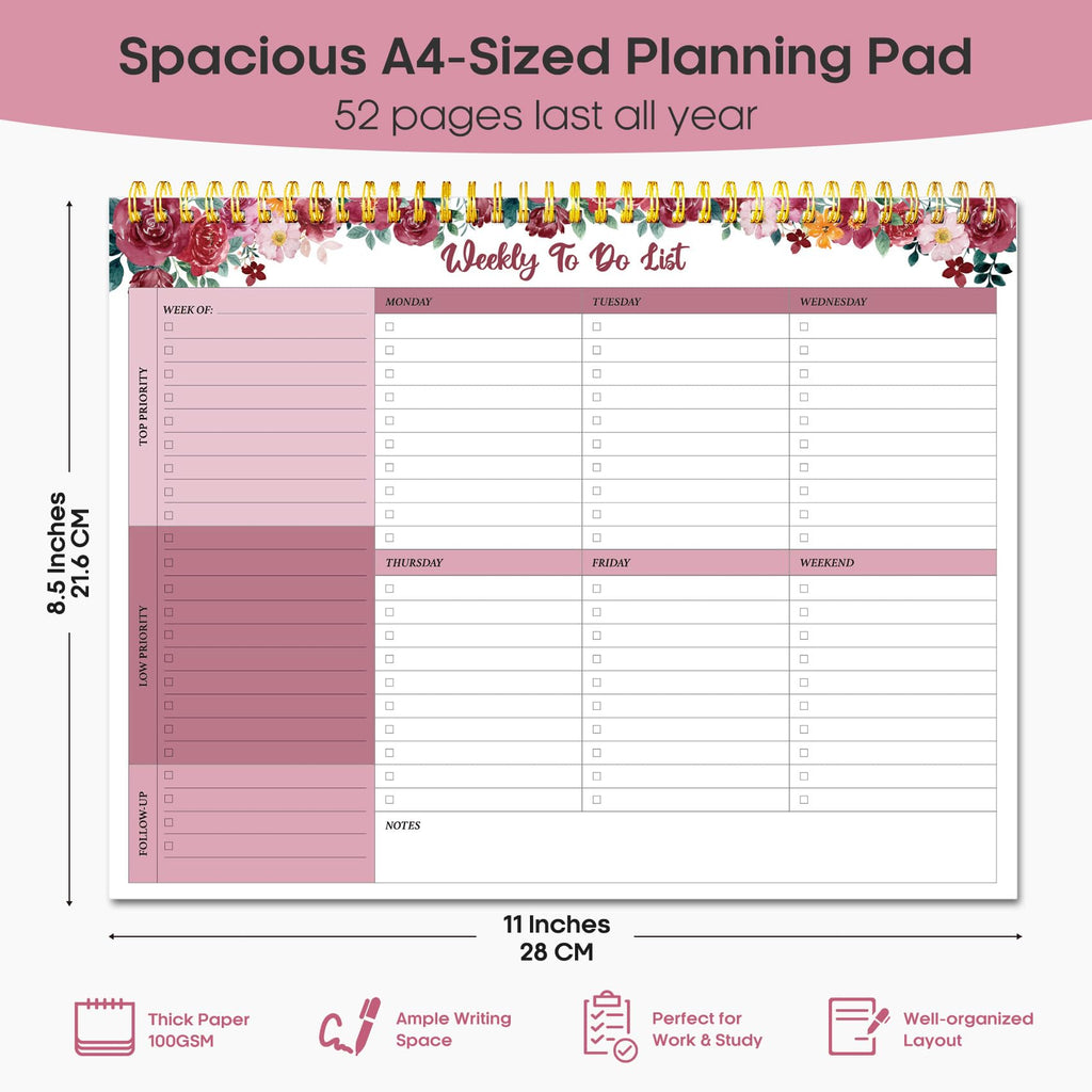 Taja Weekly To Do List Notepad, Undated Weekly Planner Pad, 8.5" x 11" | Large Desk Planner, Weekly Task Planning, College School Supplies, for Home and Office, 52 Sheets, Violet Dream