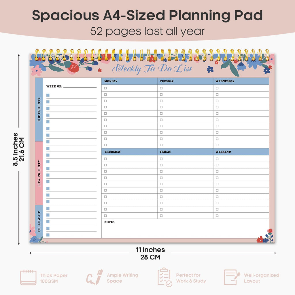 Taja Weekly To Do List Notepad, Undated Weekly Planner Pad, 8.5" x 11" | Large Desk Planner, Weekly Task Planning, College School Supplies, for Home and Office, 52 Sheets, Violet Dream