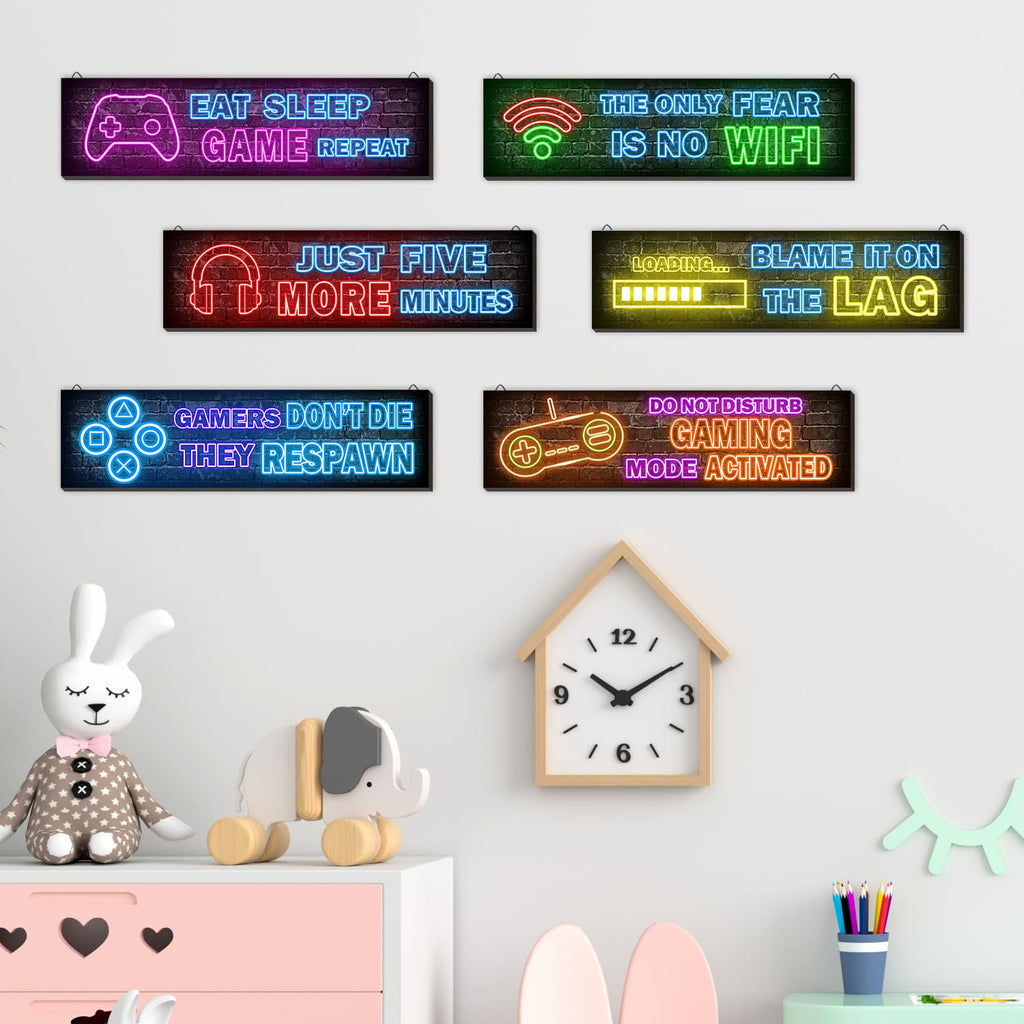 4 Pcs Printed Neon Gaming Posters, Teen Boys Room Decorations, gamer wall art Decor for bedroom Wooden