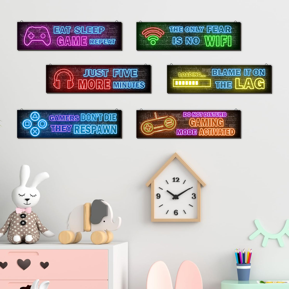 4 Pcs Printed Neon Gaming Posters, Teen Boys Room Decorations, gamer wall art Decor for bedroom Wooden