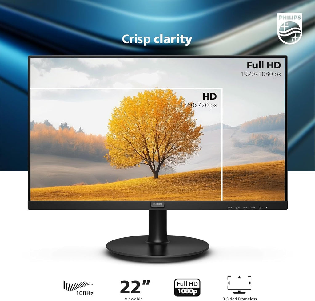 Philips 22 Inch Computer Monitor FHD 100Hz VA VESA Flicker-Free, 221V8LB | 1920×1080 LED Monitor, 4ms GtG, Adaptive Sync, HDMI 1.4, Tilt Adjust, Low Blue Light, 4yr Advance Replacement Warranty