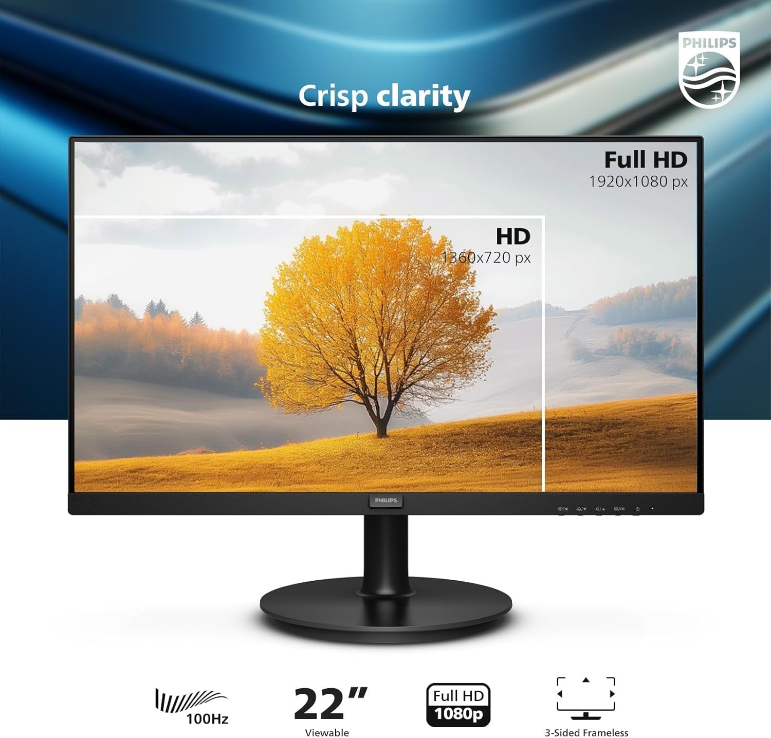 Philips 22 Inch Computer Monitor FHD 100Hz VA VESA Flicker-Free, 221V8LB | 1920×1080 LED Monitor, 4ms GtG, Adaptive Sync, HDMI 1.4, Tilt Adjust, Low Blue Light, 4yr Advance Replacement Warranty