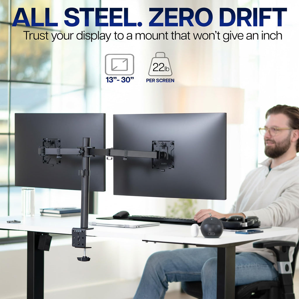 VIVO Dual Monitor Desk Mount, Holds 2 Computer Screens up to 30 inches and 22lbs Each, Heavy Duty Fully Adjustable Steel Stand with C-Clamp and Grommet, Black, STAND-V002 | Black, Articulating, Adjustable Monitor Arm, Grommet or C-Clamp Mounting, Computer