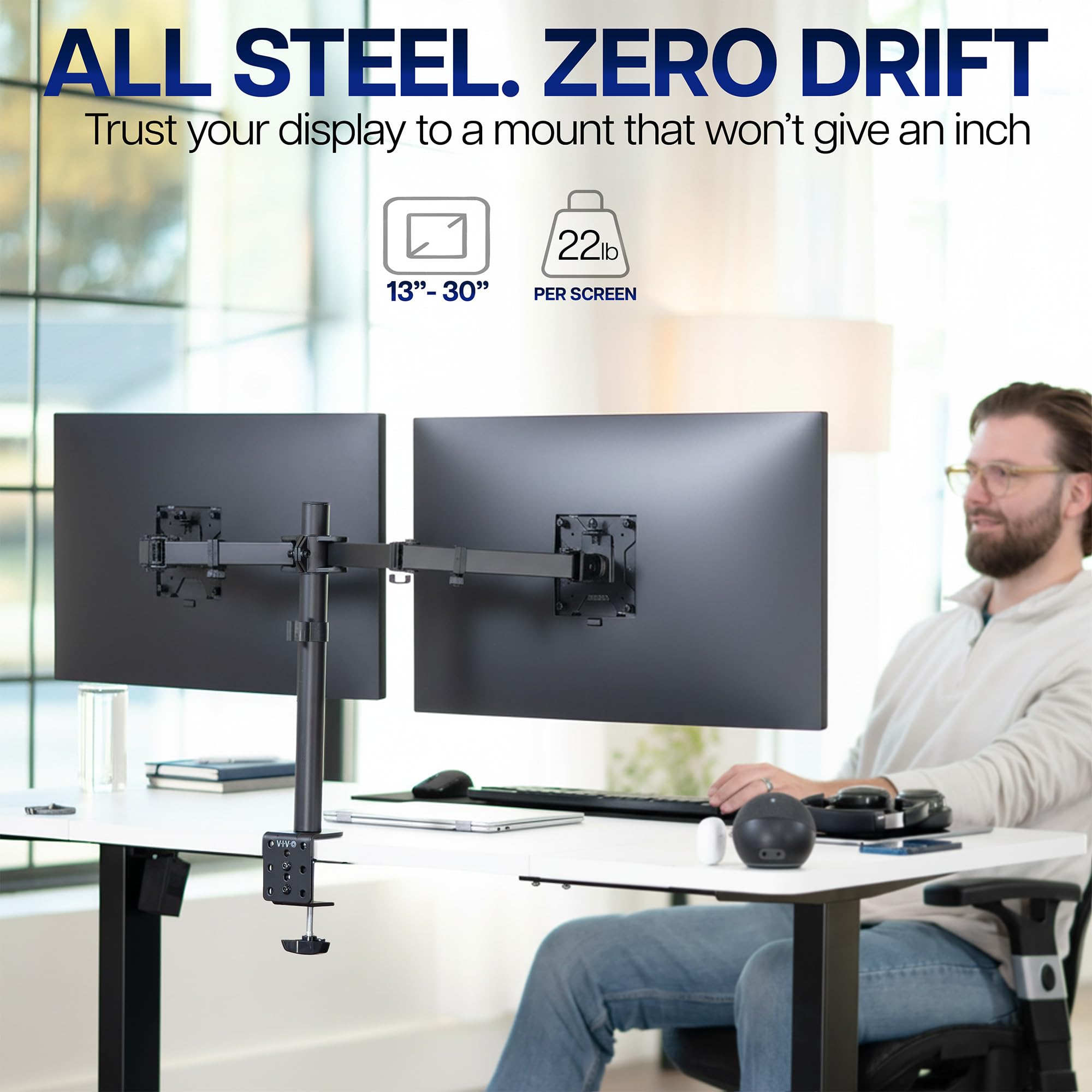 VIVO Dual Monitor Desk Mount, Holds 2 Computer Screens up to 30 inches and 22lbs Each, Heavy Duty Fully Adjustable Steel Stand with C-Clamp and Grommet, Black, STAND-V002 | Black, Articulating, Adjustable Monitor Arm, Grommet or C-Clamp Mounting, Computer