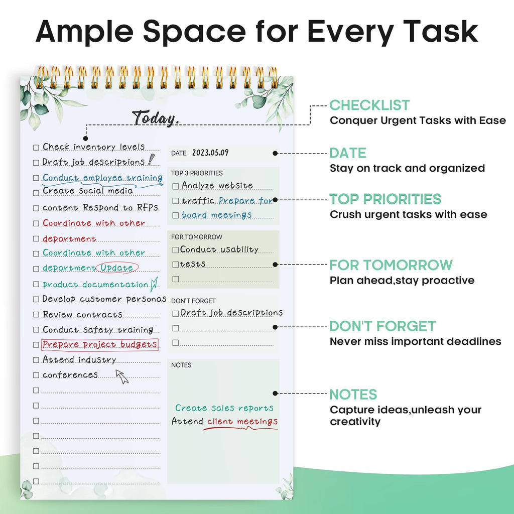 Taja To Do List Notepad, Undated Daily Planner for Work and Goal Setting | Greenery Sway, 52 Sheets, 9.8" x 6.5" , for Office, Home and school, Daily Task Planning, Notes and Everyday Organization