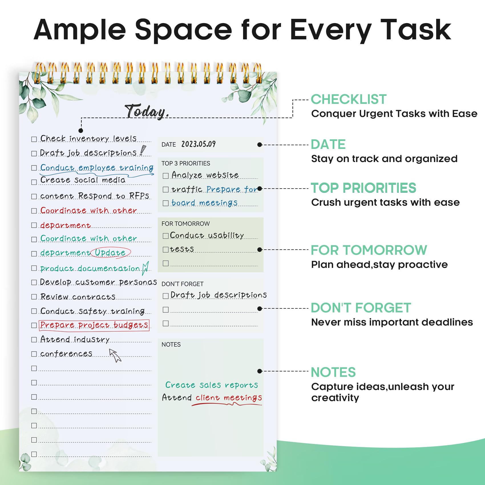 Taja To Do List Notepad, Undated Daily Planner for Work and Goal Setting | Greenery Sway, 52 Sheets, 9.8" x 6.5" , for Office, Home and school, Daily Task Planning, Notes and Everyday Organization