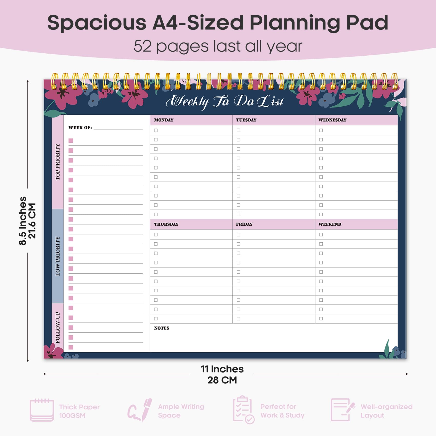 Taja Weekly To Do List Notepad, Undated Weekly Planner Pad, 8.5" x 11" | Large Desk Planner, Weekly Task Planning, College School Supplies, for Home and Office, 52 Sheets, Violet Dream