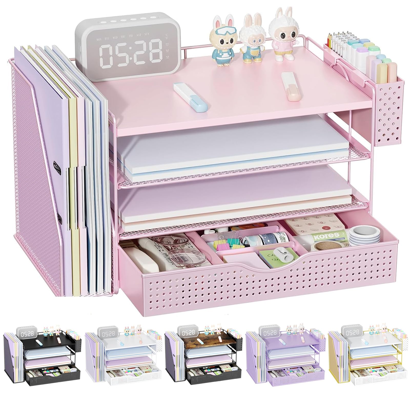 Wood Desk Organizers and Accessories with File Sorters, 4-Tier Desk Accessories & Workspace Organizers with Drawer and Pen Holder, Desk Reference Organizer (Wood, 4T with Drawer)