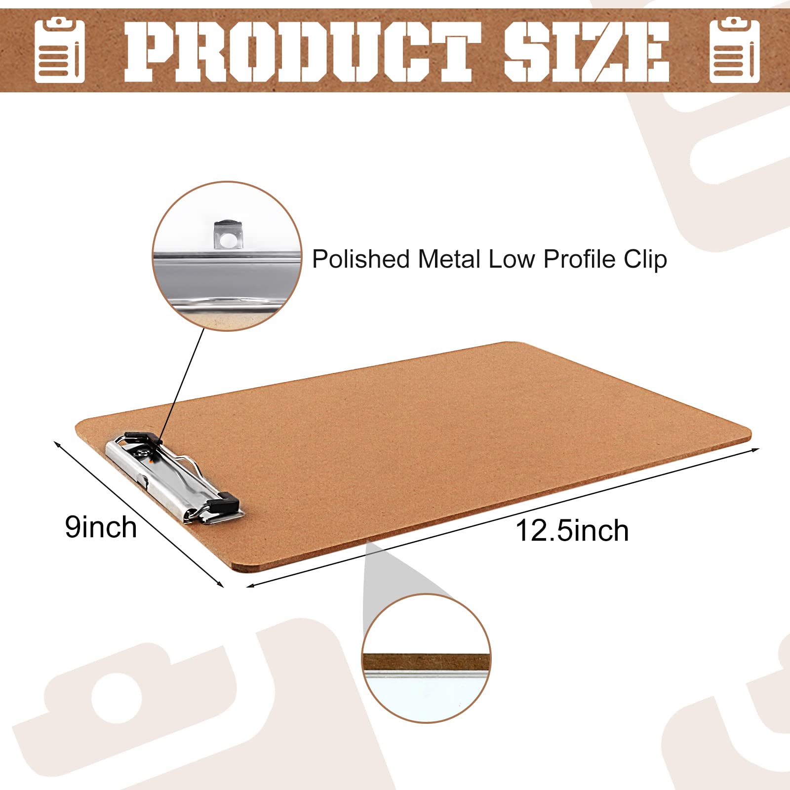 PANDRI 6 Pack Hardboard Clipboards, Low Profile Clip, A4 Letter Size | Wood Clipboards, 12.5 x 9 Inch Clip Boards, Fit 8.5x11 Letter Size Paper, Office, Classroom Supplies, Brown, ECO Friendly