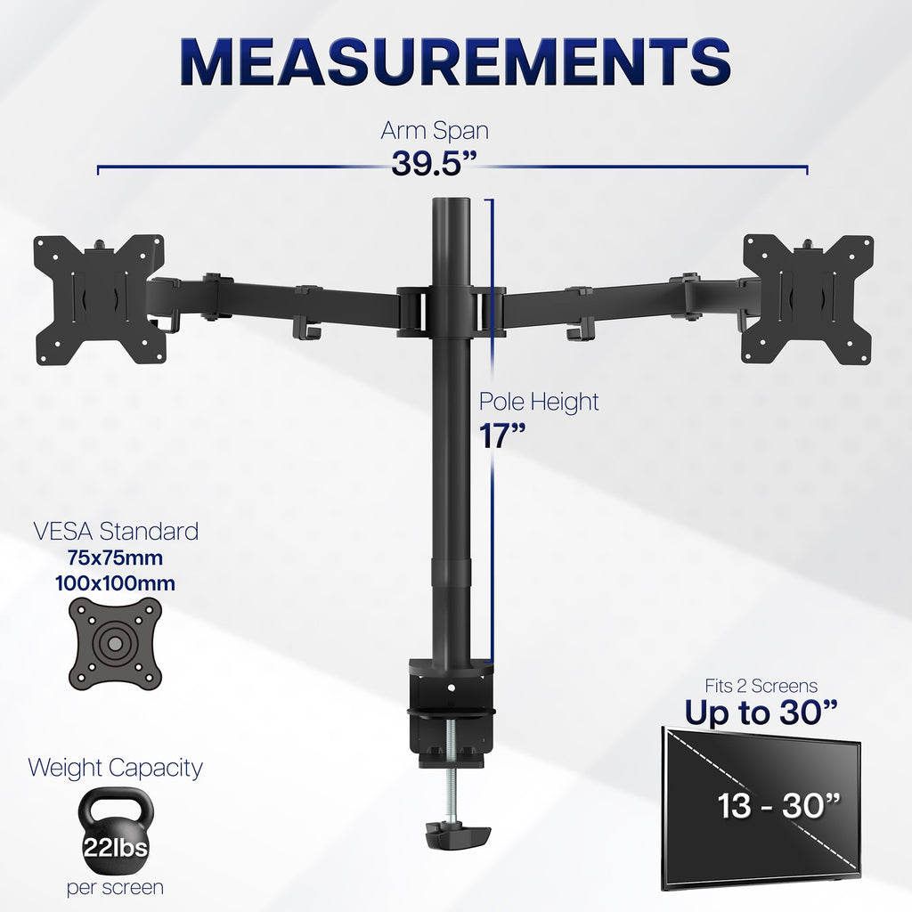 VIVO Dual Monitor Desk Mount, Holds 2 Computer Screens up to 30 inches and 22lbs Each, Heavy Duty Fully Adjustable Steel Stand with C-Clamp and Grommet, Black, STAND-V002 | Black, Articulating, Adjustable Monitor Arm, Grommet or C-Clamp Mounting, Computer