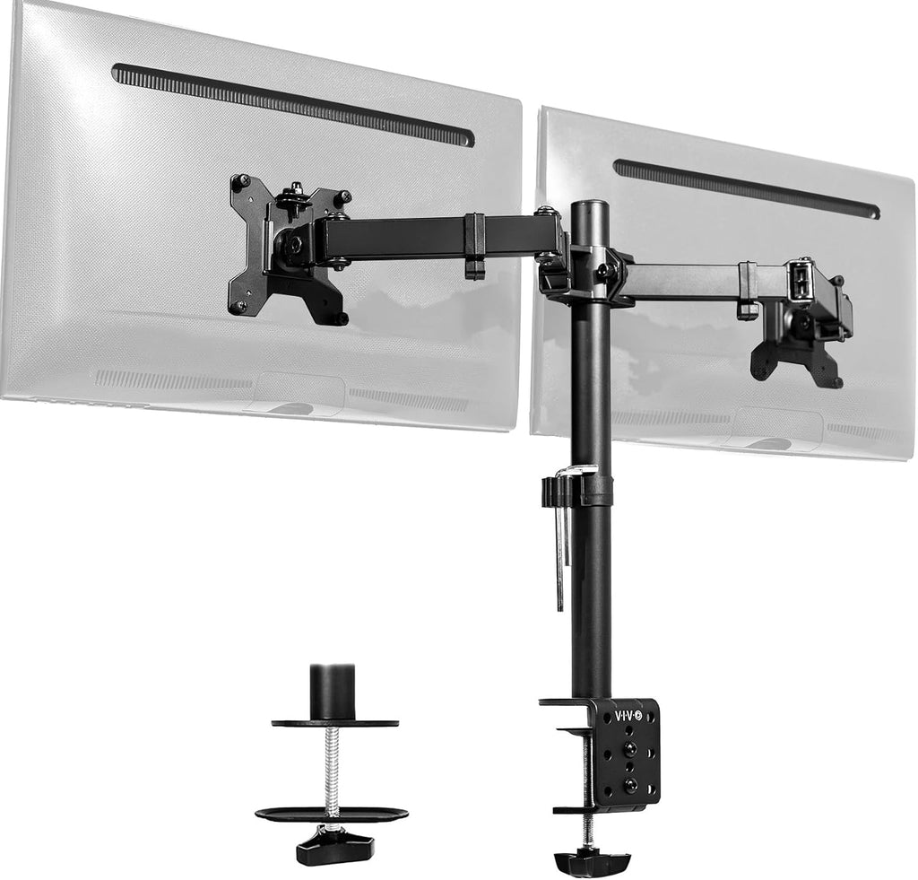 VIVO Dual Monitor Desk Mount, Holds 2 Computer Screens up to 30 inches and 22lbs Each, Heavy Duty Fully Adjustable Steel Stand with C-Clamp and Grommet, Black, STAND-V002 | Black, Articulating, Adjustable Monitor Arm, Grommet or C-Clamp Mounting, Computer