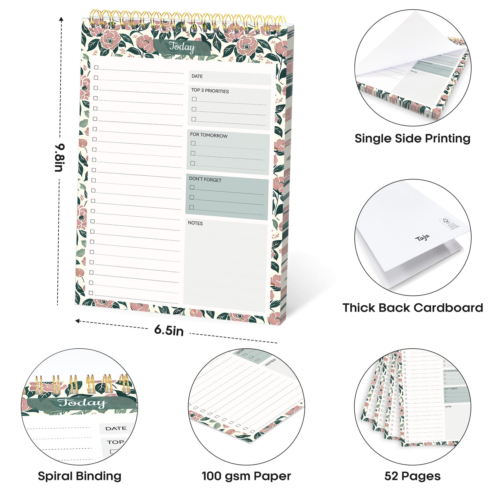 Taja To Do List Notepad, Undated Daily Planner for Work and Goal Setting | Greenery Sway, 52 Sheets, 9.8" x 6.5" , for Office, Home and school, Daily Task Planning, Notes and Everyday Organization