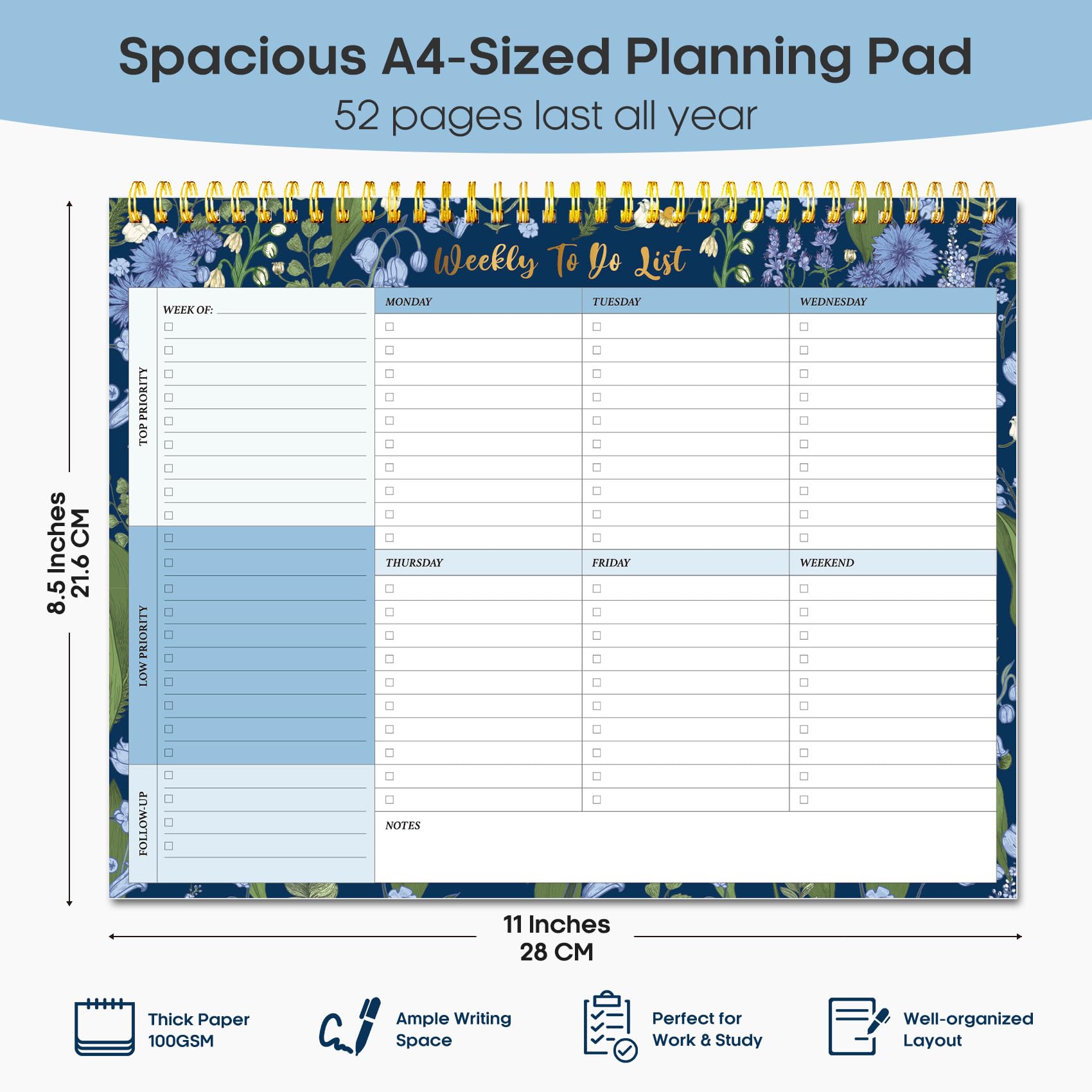 Taja Weekly To Do List Notepad, Undated Weekly Planner Pad, 8.5" x 11" | Large Desk Planner, Weekly Task Planning, College School Supplies, for Home and Office, 52 Sheets, Violet Dream