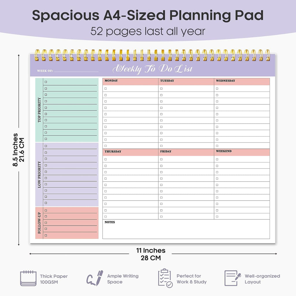 Taja Weekly To Do List Notepad, Undated Weekly Planner Pad, 8.5" x 11" | Large Desk Planner, Weekly Task Planning, College School Supplies, for Home and Office, 52 Sheets, Violet Dream