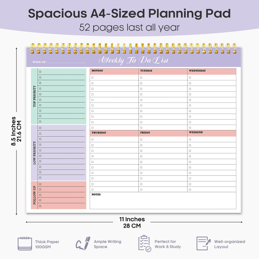 Taja Weekly To Do List Notepad, Undated Weekly Planner Pad, 8.5" x 11" | Large Desk Planner, Weekly Task Planning, College School Supplies, for Home and Office, 52 Sheets, Violet Dream