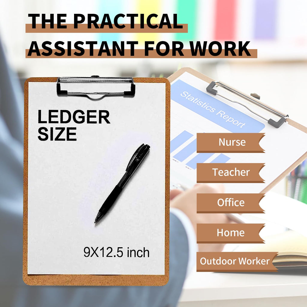 PANDRI 6 Pack Hardboard Clipboards, Low Profile Clip, A4 Letter Size | Wood Clipboards, 12.5 x 9 Inch Clip Boards, Fit 8.5x11 Letter Size Paper, Office, Classroom Supplies, Brown, ECO Friendly