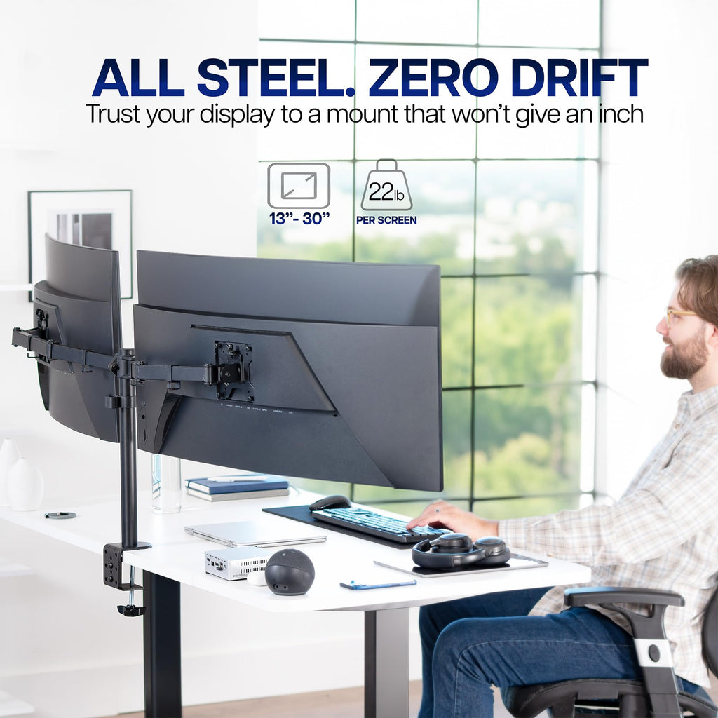 VIVO Dual Monitor Desk Mount, Holds 2 Computer Screens up to 30 inches and 22lbs Each, Heavy Duty Fully Adjustable Steel Stand with C-Clamp and Grommet, Black, STAND-V002 | Black, Articulating, Adjustable Monitor Arm, Grommet or C-Clamp Mounting, Computer