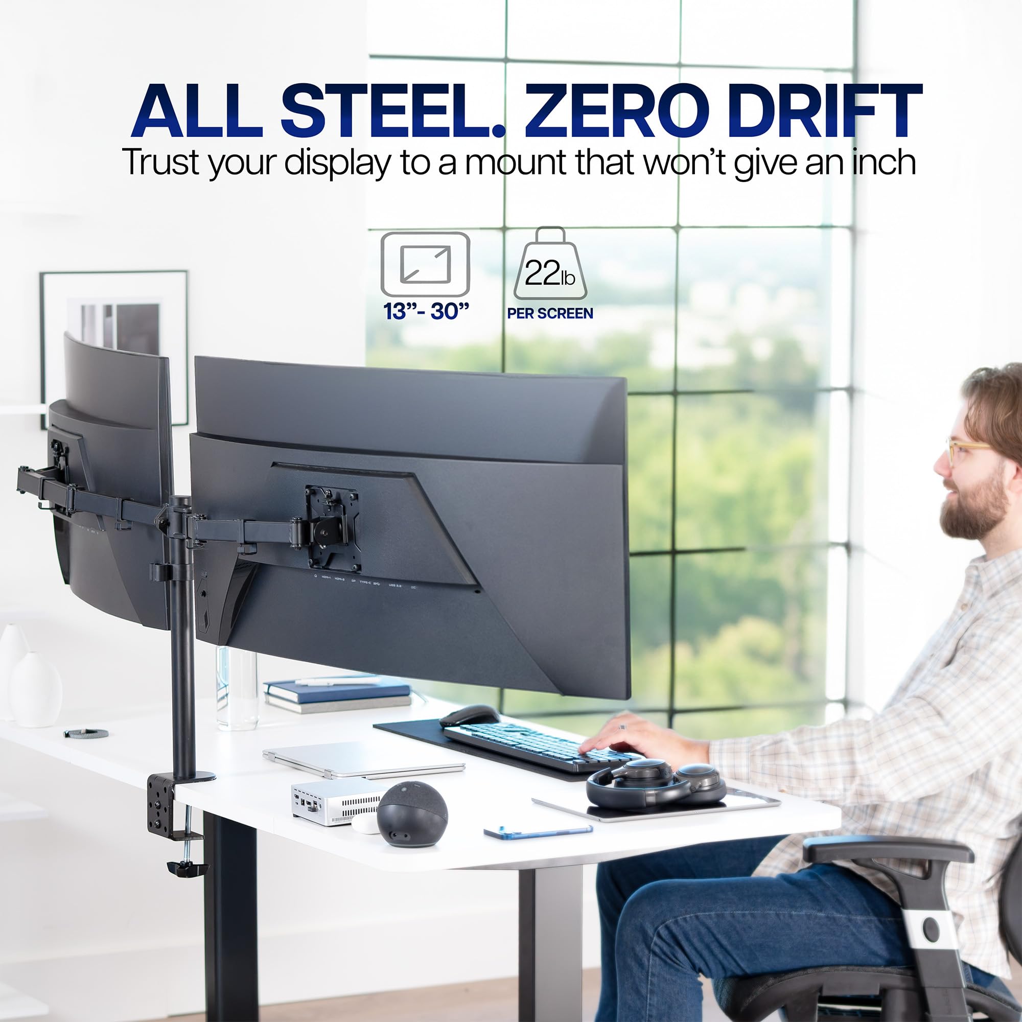 VIVO Dual Monitor Desk Mount, Holds 2 Computer Screens up to 30 inches and 22lbs Each, Heavy Duty Fully Adjustable Steel Stand with C-Clamp and Grommet, Black, STAND-V002 | Black, Articulating, Adjustable Monitor Arm, Grommet or C-Clamp Mounting, Computer