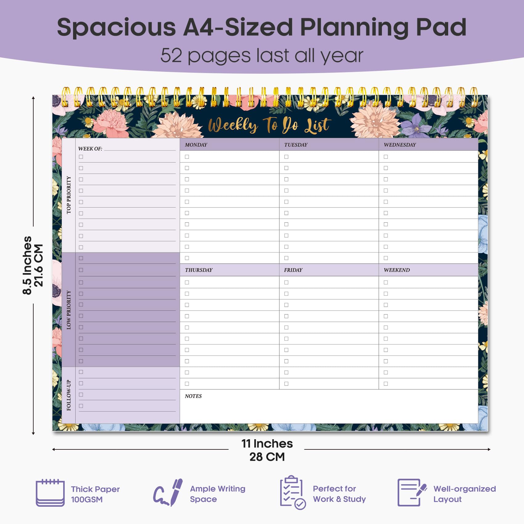 Taja Weekly To Do List Notepad, Undated Weekly Planner Pad, 8.5" x 11" | Large Desk Planner, Weekly Task Planning, College School Supplies, for Home and Office, 52 Sheets, Violet Dream