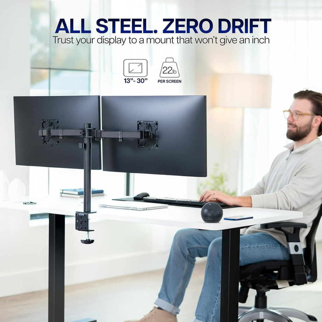 VIVO Dual Monitor Desk Mount, Holds 2 Computer Screens up to 30 inches and 22lbs Each, Heavy Duty Fully Adjustable Steel Stand with C-Clamp and Grommet, Black, STAND-V002 | Black, Articulating, Adjustable Monitor Arm, Grommet or C-Clamp Mounting, Computer