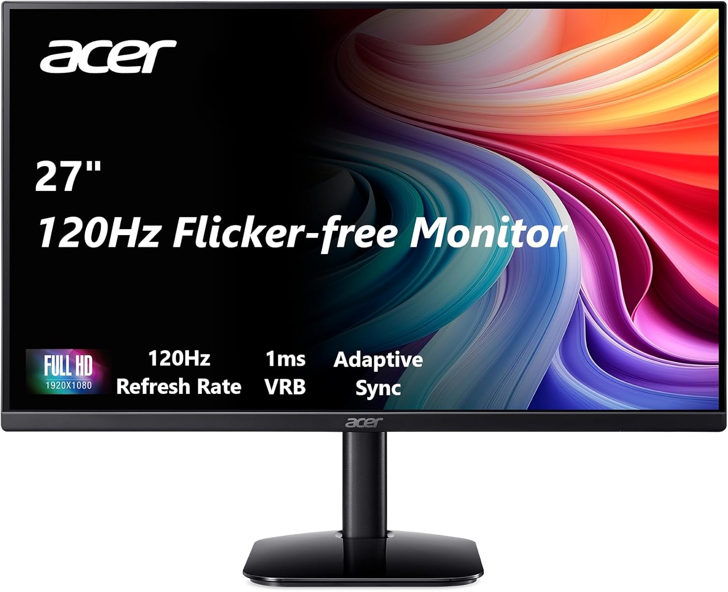 Acer 27in FHD 1920x1080 IPS 120Hz Office Monitor KB272 G0bi | 1ms, AdaptiveSync (FreeSync Compatible), sRGB 99%, HDMI, VGA, VESA Mountable, Bluelight Filter, Flickerless Technology