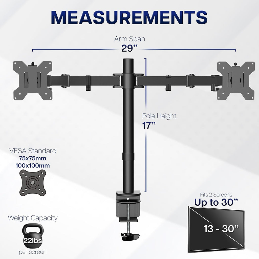 VIVO Dual Monitor Desk Mount, Holds 2 Computer Screens up to 30 inches and 22lbs Each, Heavy Duty Fully Adjustable Steel Stand with C-Clamp and Grommet, Black, STAND-V002 | Black, Articulating, Adjustable Monitor Arm, Grommet or C-Clamp Mounting, Computer