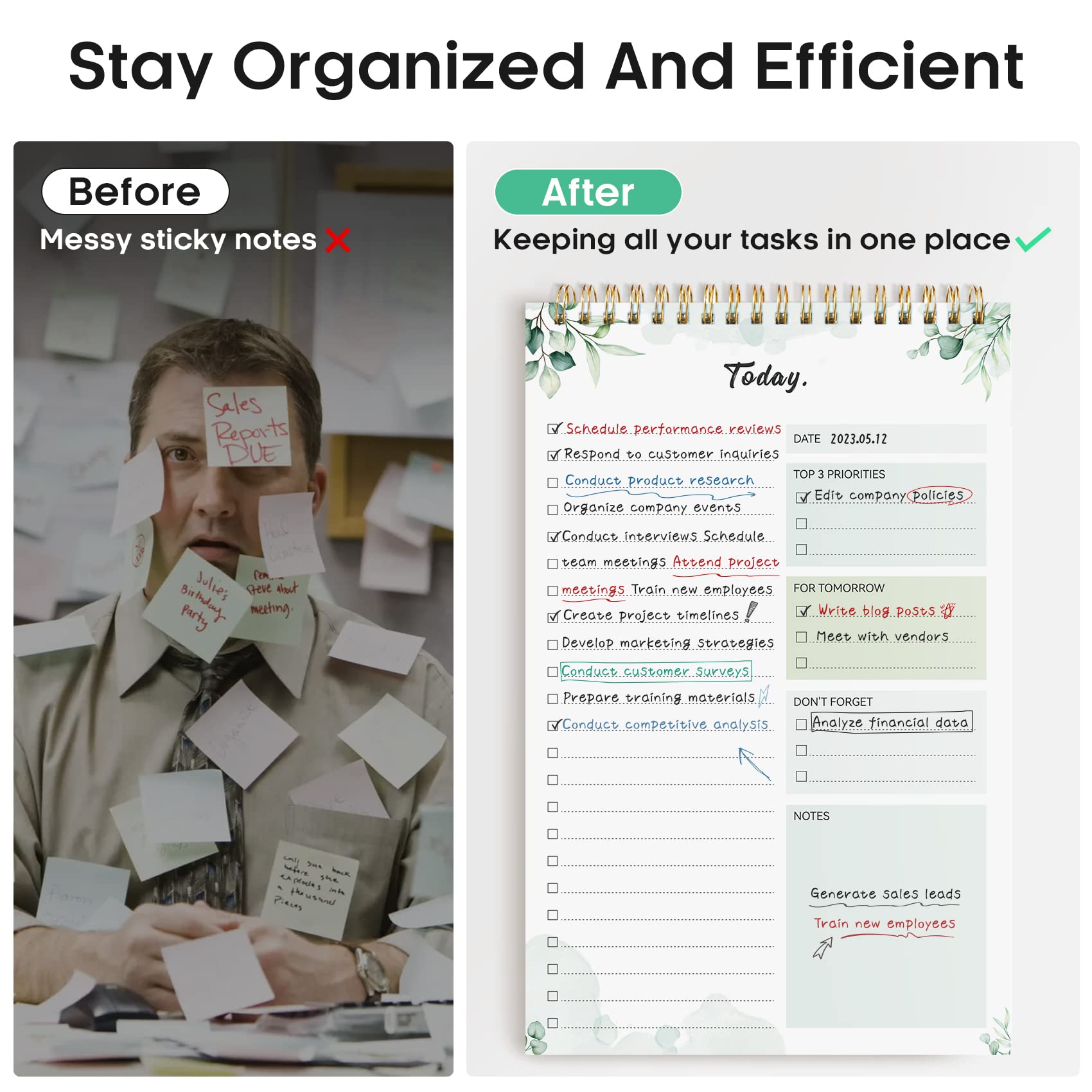 Taja To Do List Notepad, Undated Daily Planner for Work and Goal Setting | Greenery Sway, 52 Sheets, 9.8" x 6.5" , for Office, Home and school, Daily Task Planning, Notes and Everyday Organization