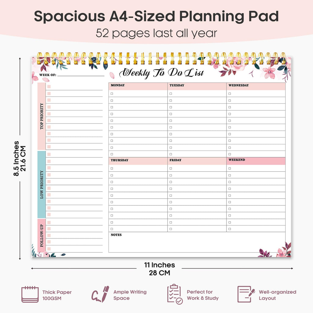 Taja Weekly To Do List Notepad, Undated Weekly Planner Pad, 8.5" x 11" | Large Desk Planner, Weekly Task Planning, College School Supplies, for Home and Office, 52 Sheets, Violet Dream