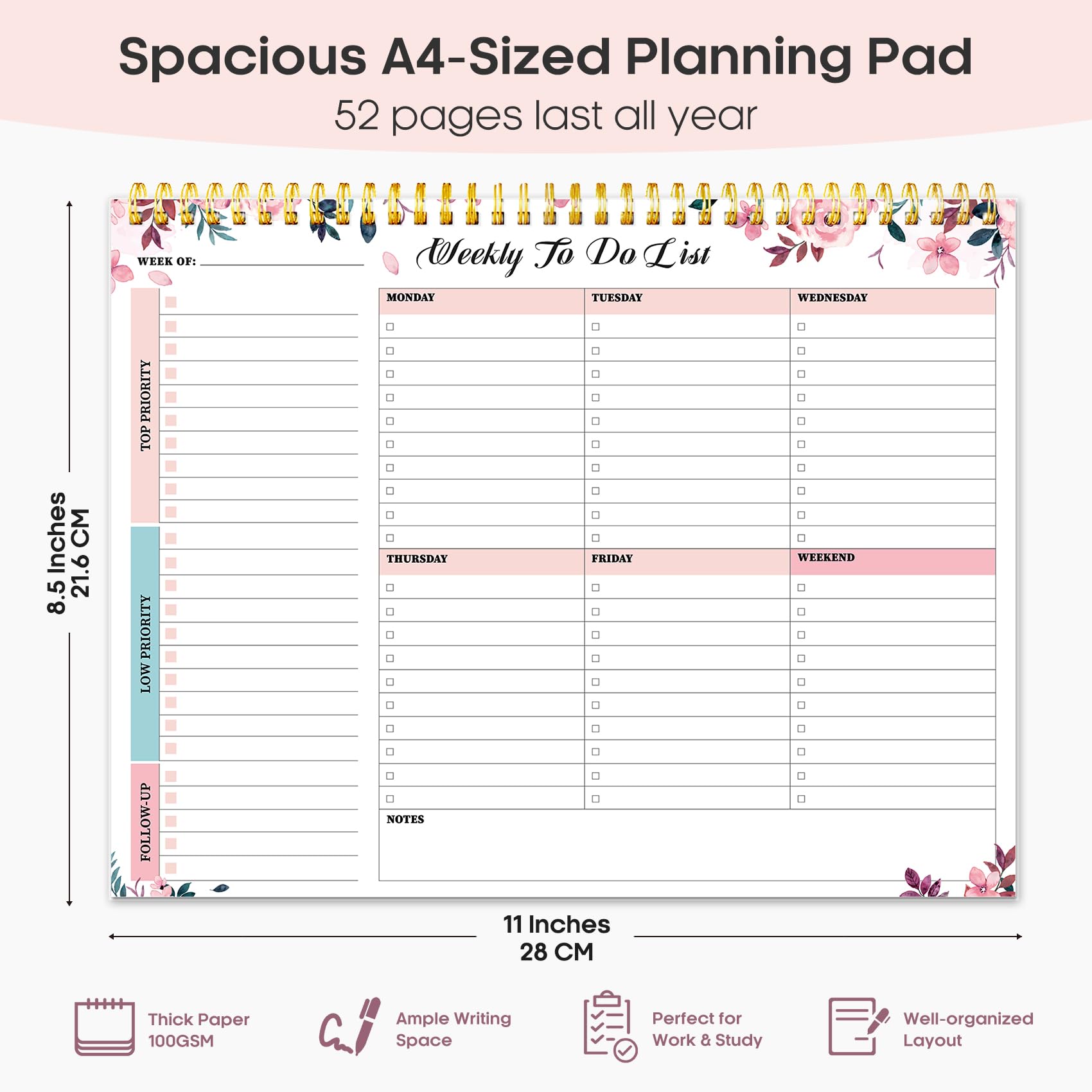 Taja Weekly To Do List Notepad, Undated Weekly Planner Pad, 8.5" x 11" | Large Desk Planner, Weekly Task Planning, College School Supplies, for Home and Office, 52 Sheets, Violet Dream