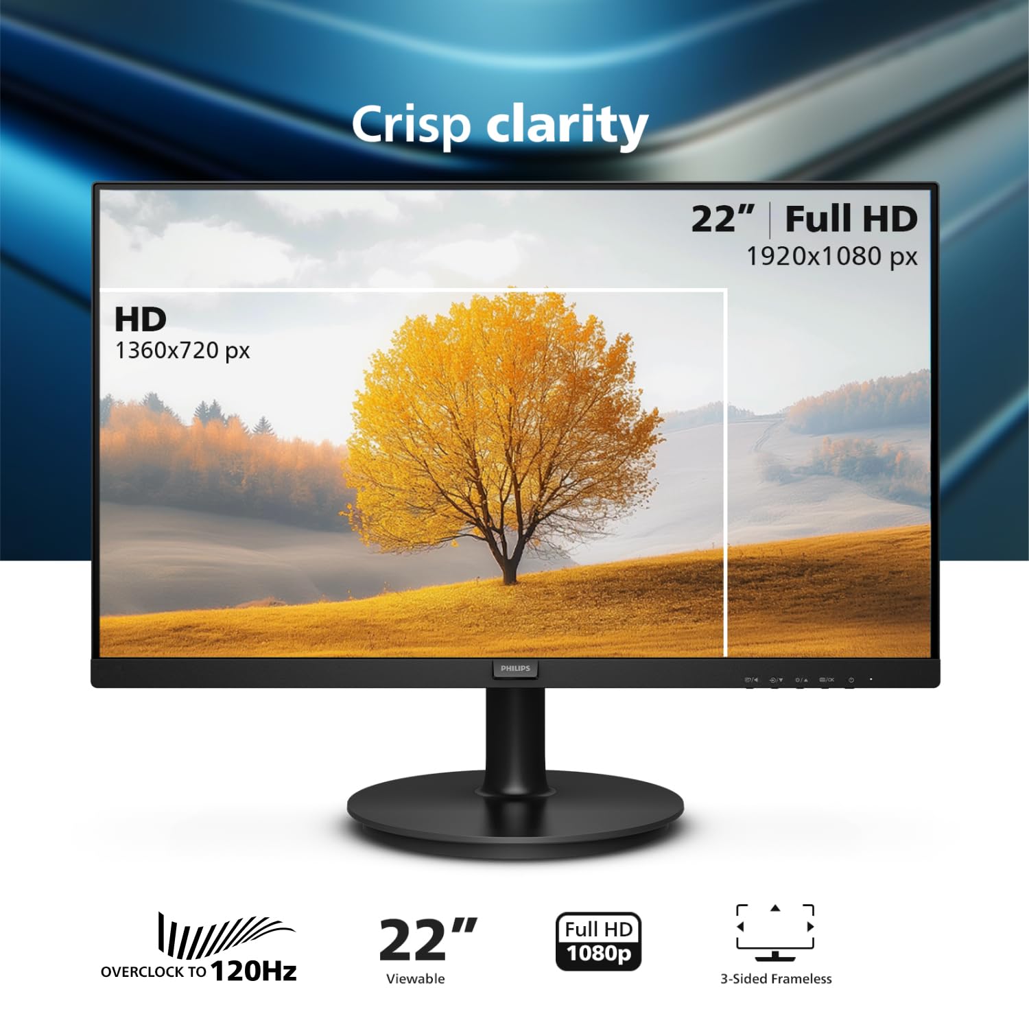 Philips 22 Inch Computer Monitor FHD 100Hz VA VESA Flicker-Free, 221V8LB | 1920×1080 LED Monitor, 4ms GtG, Adaptive Sync, HDMI 1.4, Tilt Adjust, Low Blue Light, 4yr Advance Replacement Warranty