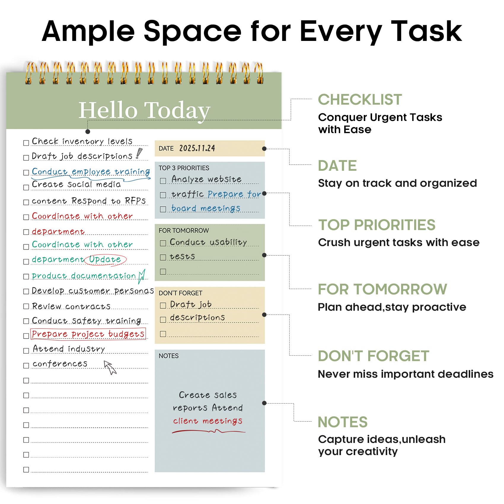 Taja To Do List Notepad, Undated Daily Planner for Work and Goal Setting | Greenery Sway, 52 Sheets, 9.8" x 6.5" , for Office, Home and school, Daily Task Planning, Notes and Everyday Organization