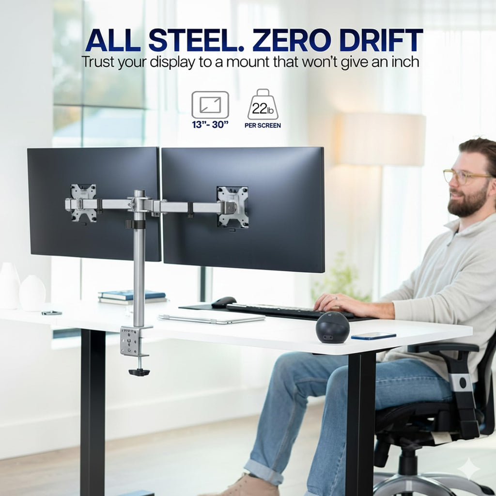 VIVO Dual Monitor Desk Mount, Holds 2 Computer Screens up to 30 inches and 22lbs Each, Heavy Duty Fully Adjustable Steel Stand with C-Clamp and Grommet, Black, STAND-V002 | Black, Articulating, Adjustable Monitor Arm, Grommet or C-Clamp Mounting, Computer