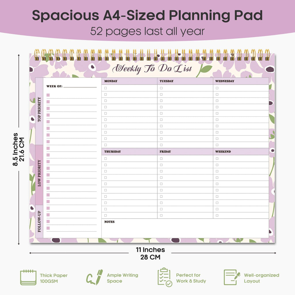 Taja Weekly To Do List Notepad, Undated Weekly Planner Pad, 8.5" x 11" | Large Desk Planner, Weekly Task Planning, College School Supplies, for Home and Office, 52 Sheets, Violet Dream