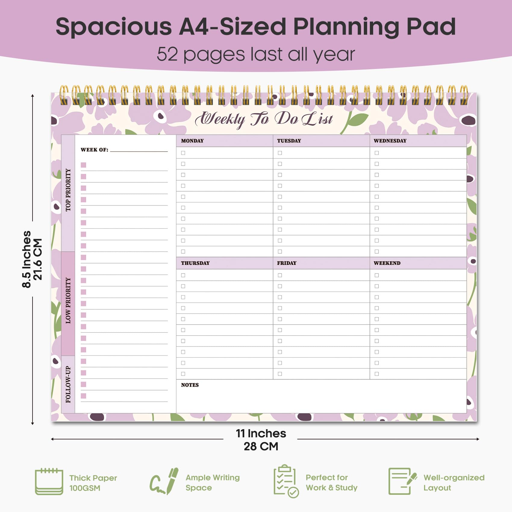 Taja Weekly To Do List Notepad, Undated Weekly Planner Pad, 8.5" x 11" | Large Desk Planner, Weekly Task Planning, College School Supplies, for Home and Office, 52 Sheets, Violet Dream