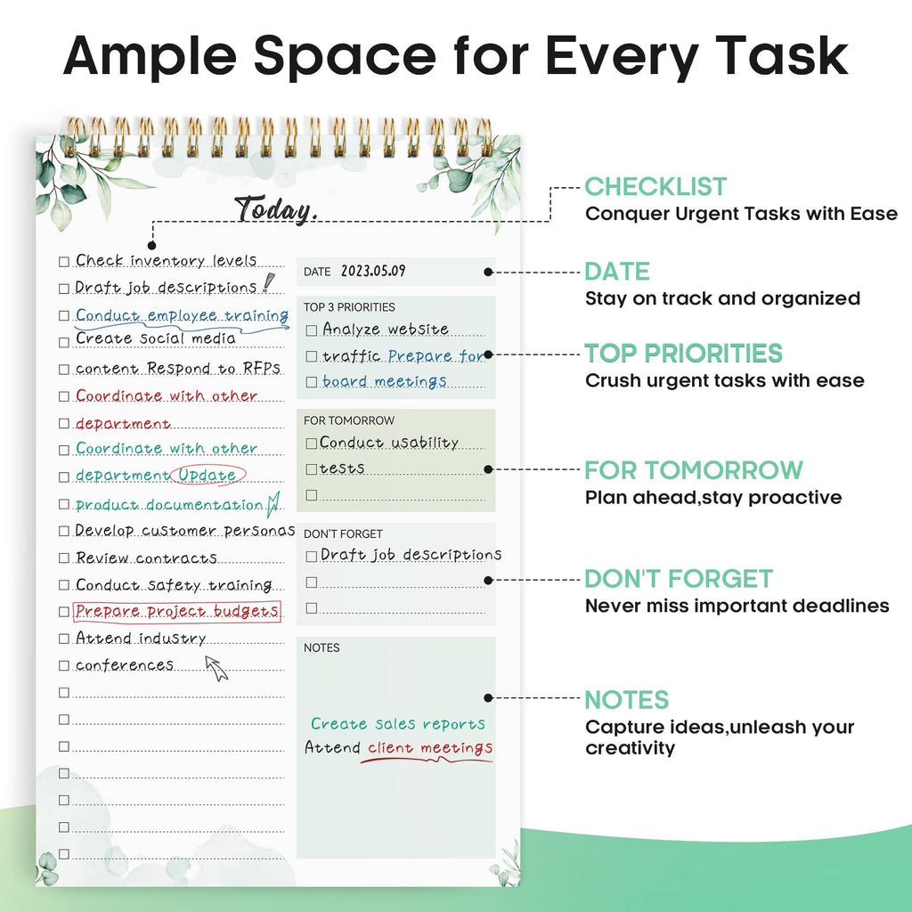 Taja To Do List Notepad, Undated Daily Planner for Work and Goal Setting | Greenery Sway, 52 Sheets, 9.8" x 6.5" , for Office, Home and school, Daily Task Planning, Notes and Everyday Organization