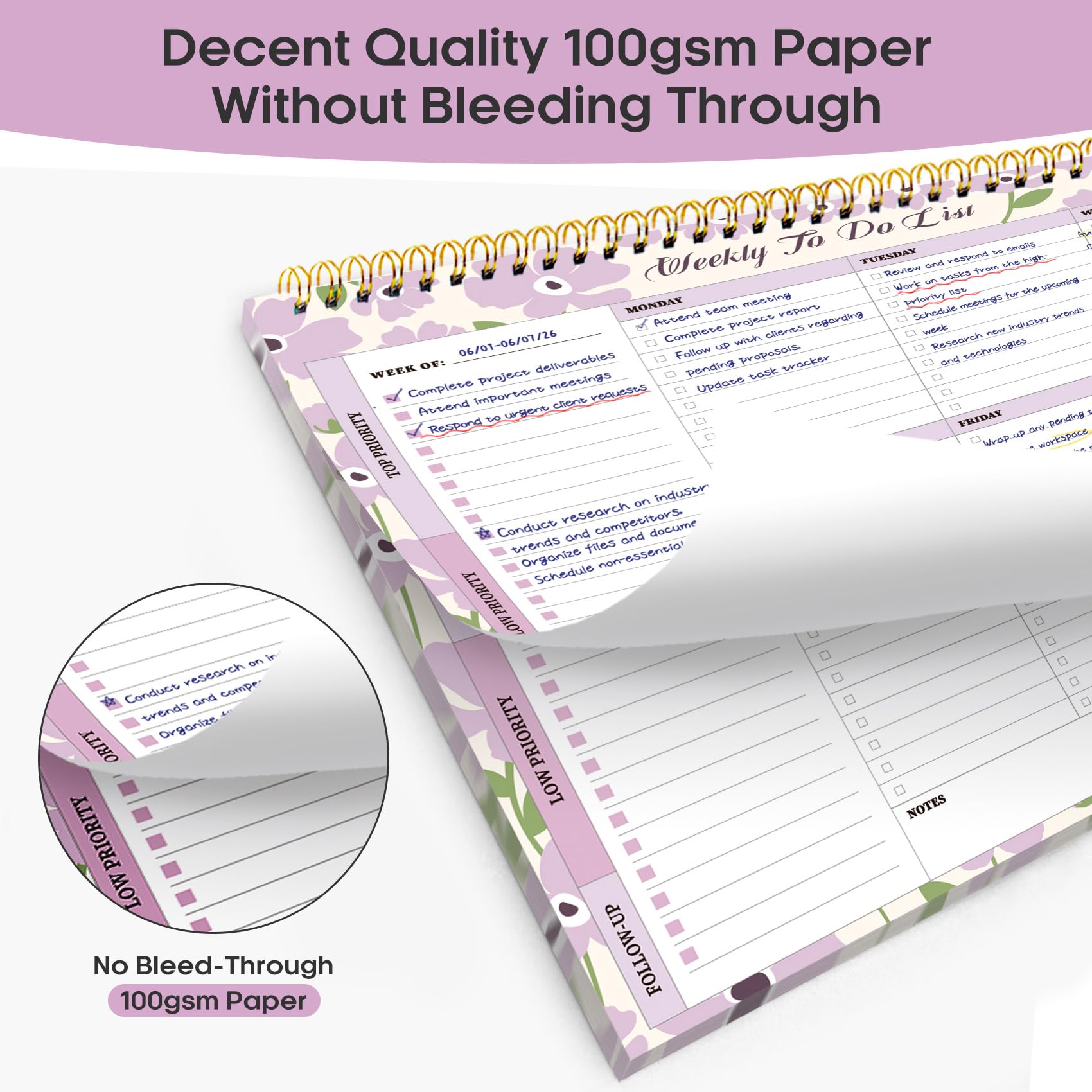 Taja Weekly To Do List Notepad, Undated Weekly Planner Pad, 8.5" x 11" | Large Desk Planner, Weekly Task Planning, College School Supplies, for Home and Office, 52 Sheets, Violet Dream