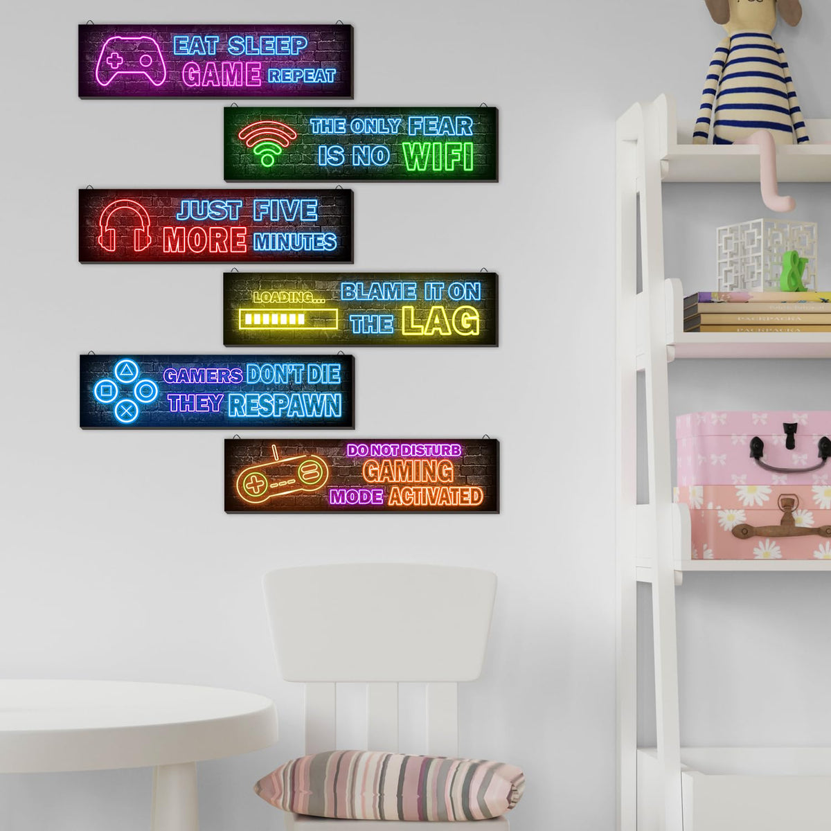 4 Pcs Printed Neon Gaming Posters, Teen Boys Room Decorations, gamer wall art Decor for bedroom Wooden