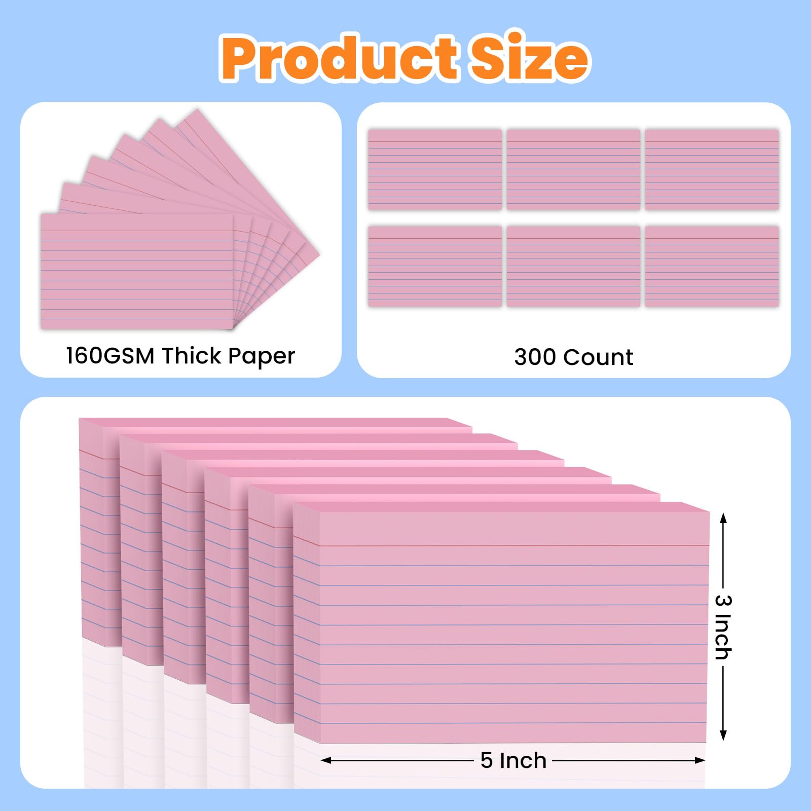 300PCS Index Cards 3 x 5 Inch, Colored Flash Cards, Lined Notecards | Flash Cards for Studying, Ruled Front and Blank Back, Note Cards for Office, Home and School