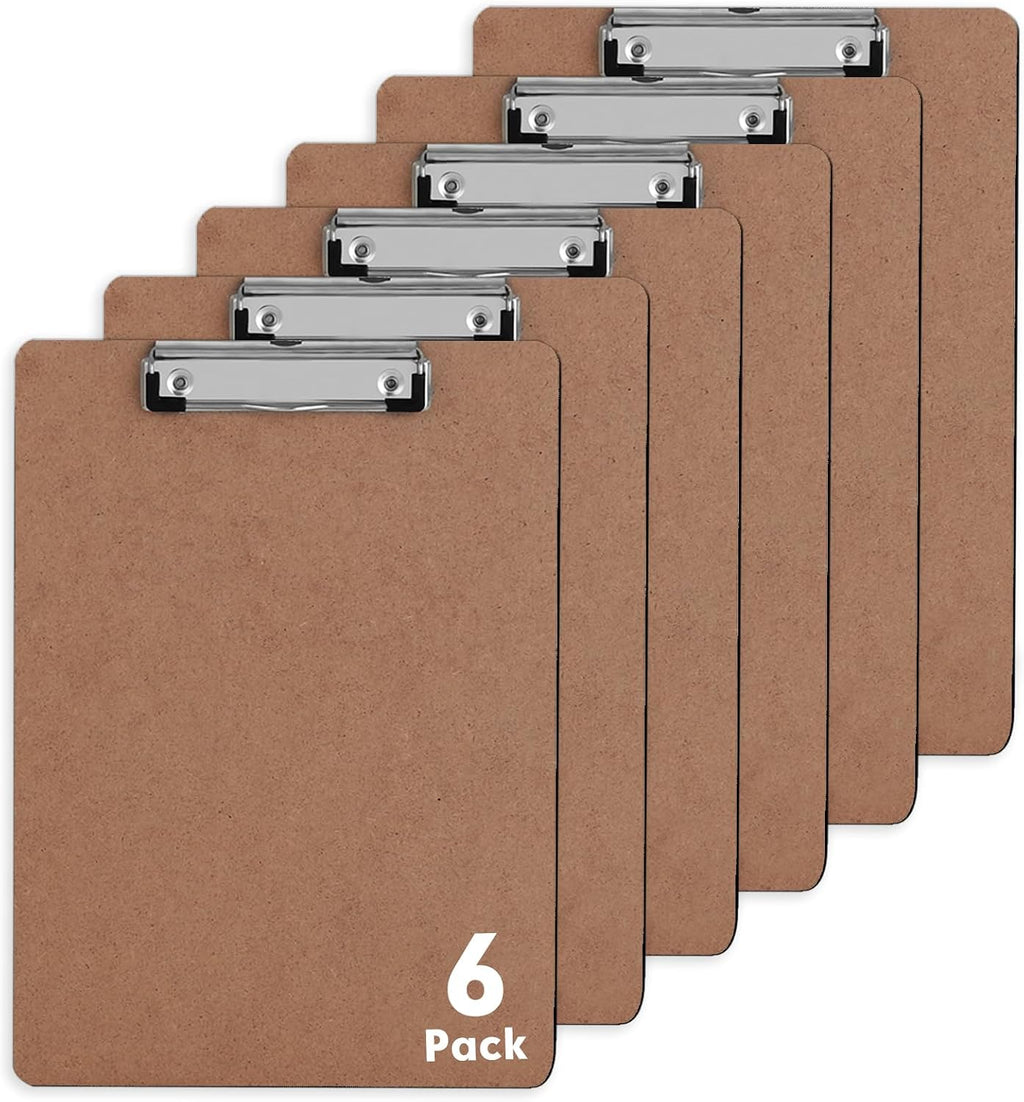 PANDRI 6 Pack Hardboard Clipboards, Low Profile Clip, A4 Letter Size | Wood Clipboards, 12.5 x 9 Inch Clip Boards, Fit 8.5x11 Letter Size Paper, Office, Classroom Supplies, Brown, ECO Friendly