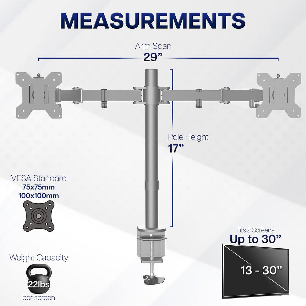 VIVO Dual Monitor Desk Mount, Holds 2 Computer Screens up to 30 inches and 22lbs Each, Heavy Duty Fully Adjustable Steel Stand with C-Clamp and Grommet, Black, STAND-V002 | Black, Articulating, Adjustable Monitor Arm, Grommet or C-Clamp Mounting, Computer