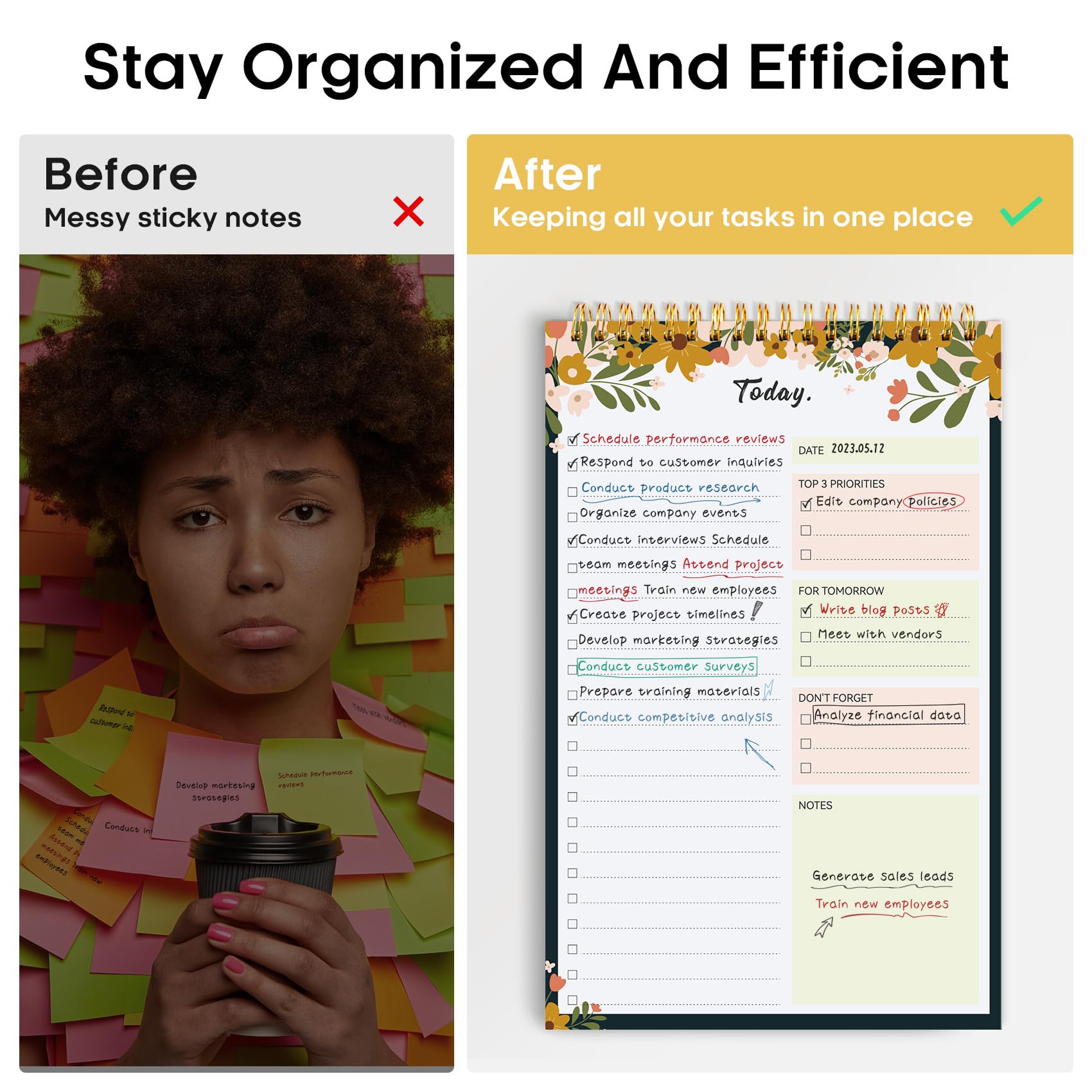 Taja To Do List Notepad, Undated Daily Planner for Work and Goal Setting | Greenery Sway, 52 Sheets, 9.8" x 6.5" , for Office, Home and school, Daily Task Planning, Notes and Everyday Organization