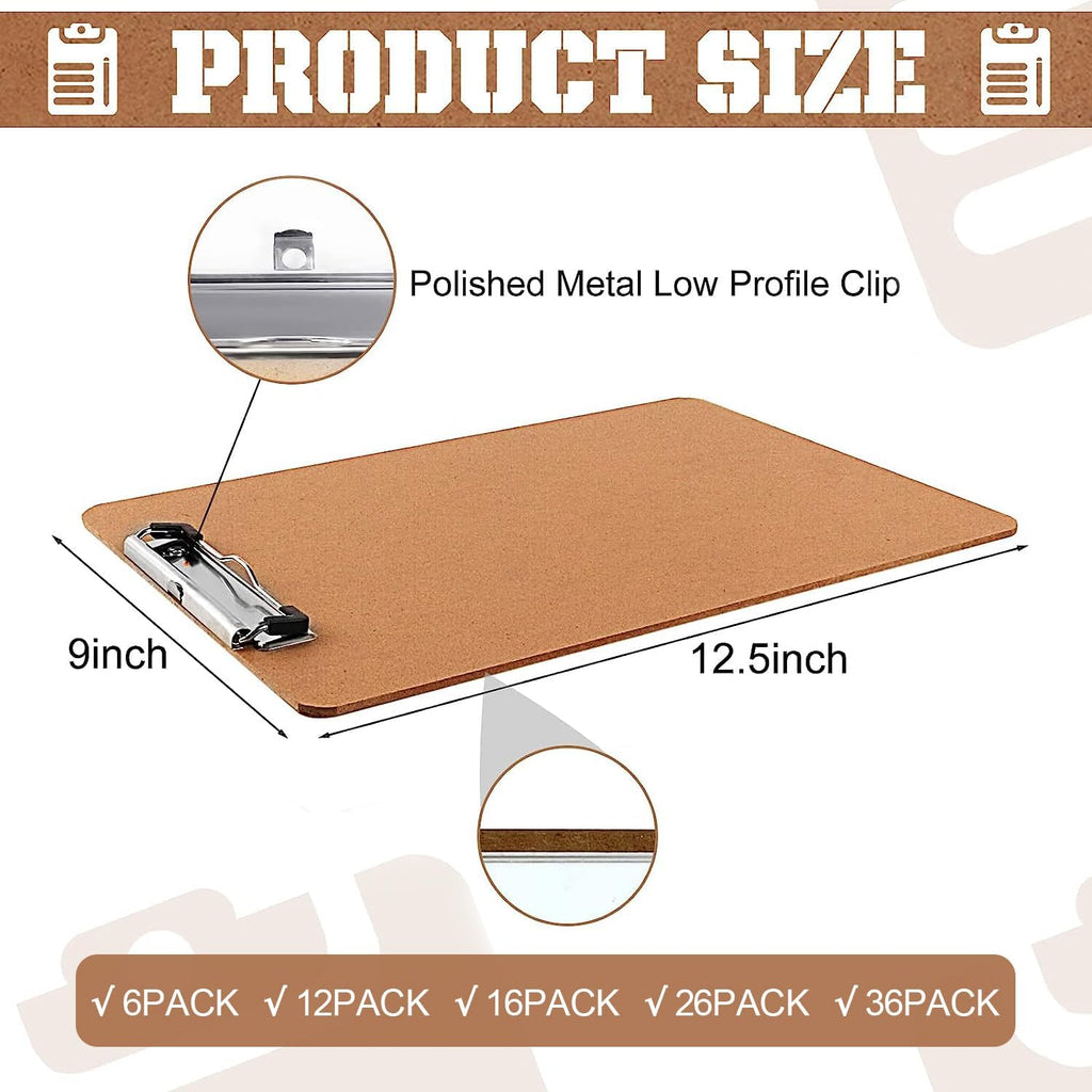 PANDRI 6 Pack Hardboard Clipboards, Low Profile Clip, A4 Letter Size | Wood Clipboards, 12.5 x 9 Inch Clip Boards, Fit 8.5x11 Letter Size Paper, Office, Classroom Supplies, Brown, ECO Friendly