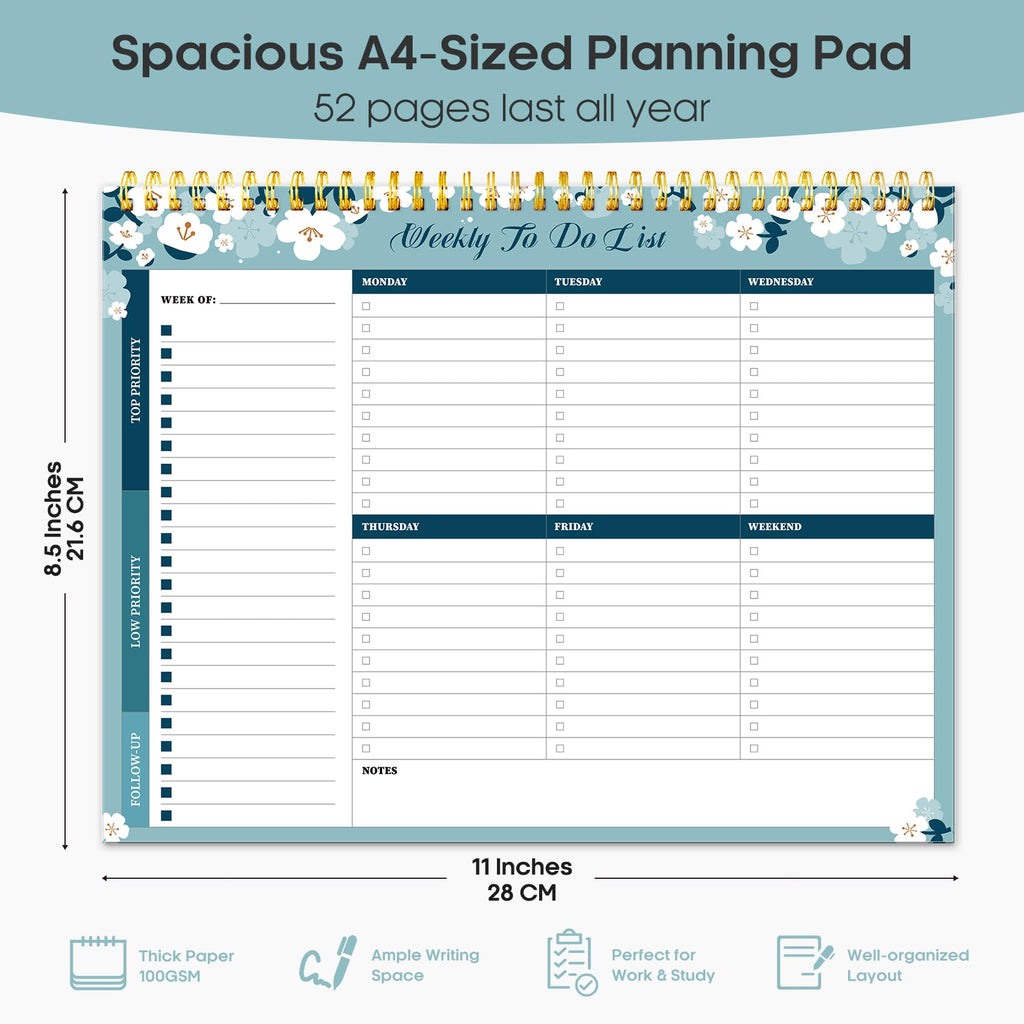 Taja Weekly To Do List Notepad, Undated Weekly Planner Pad, 8.5" x 11" | Large Desk Planner, Weekly Task Planning, College School Supplies, for Home and Office, 52 Sheets, Violet Dream