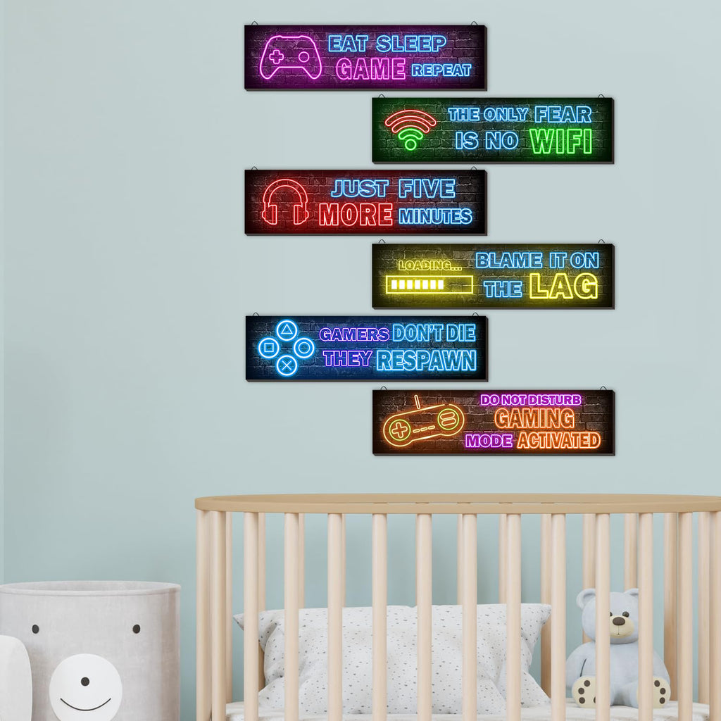 4 Pcs Printed Neon Gaming Posters, Teen Boys Room Decorations, gamer wall art Decor for bedroom Wooden
