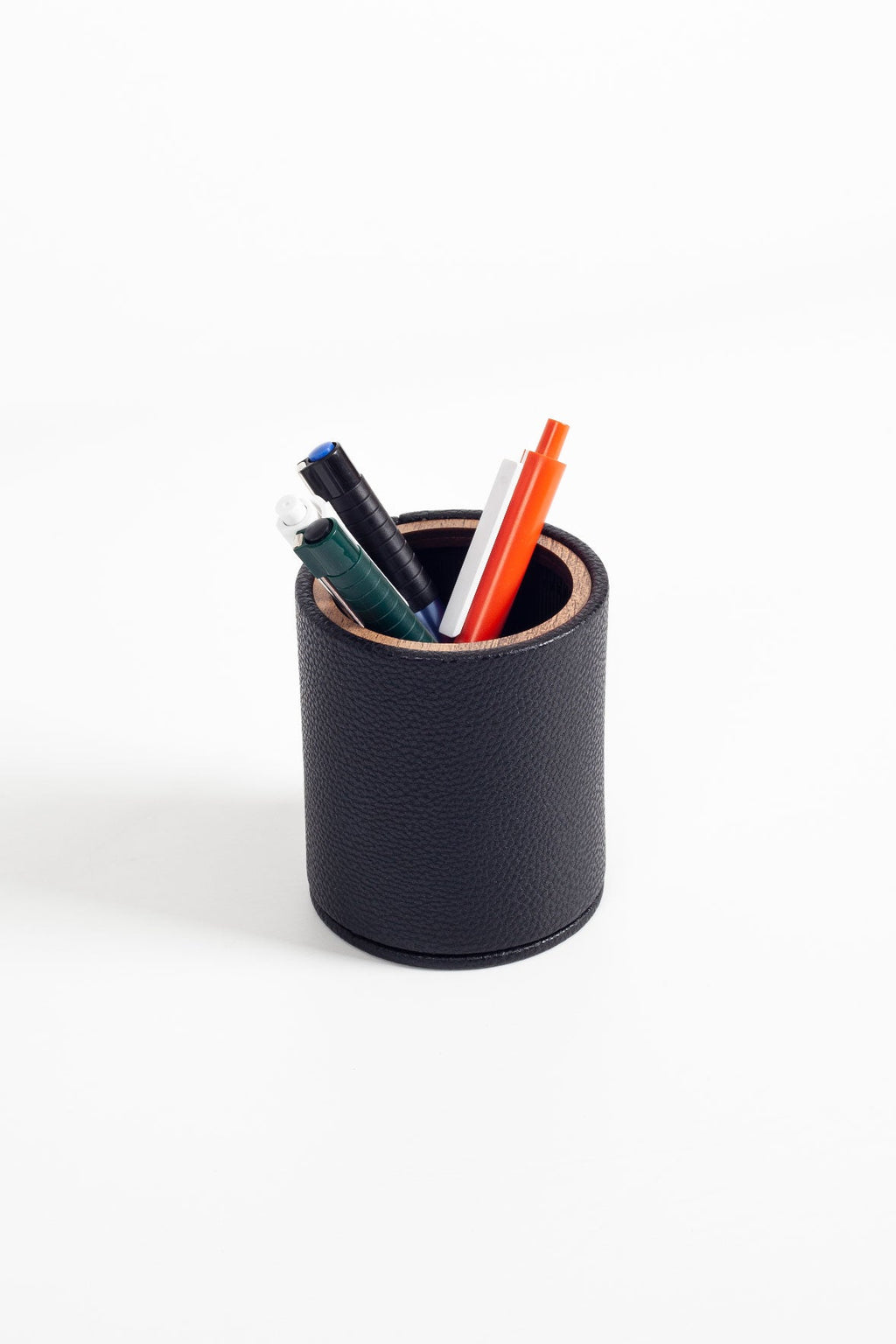 Desktop Leather Oval Wooden Detailed Pencil Holder Black