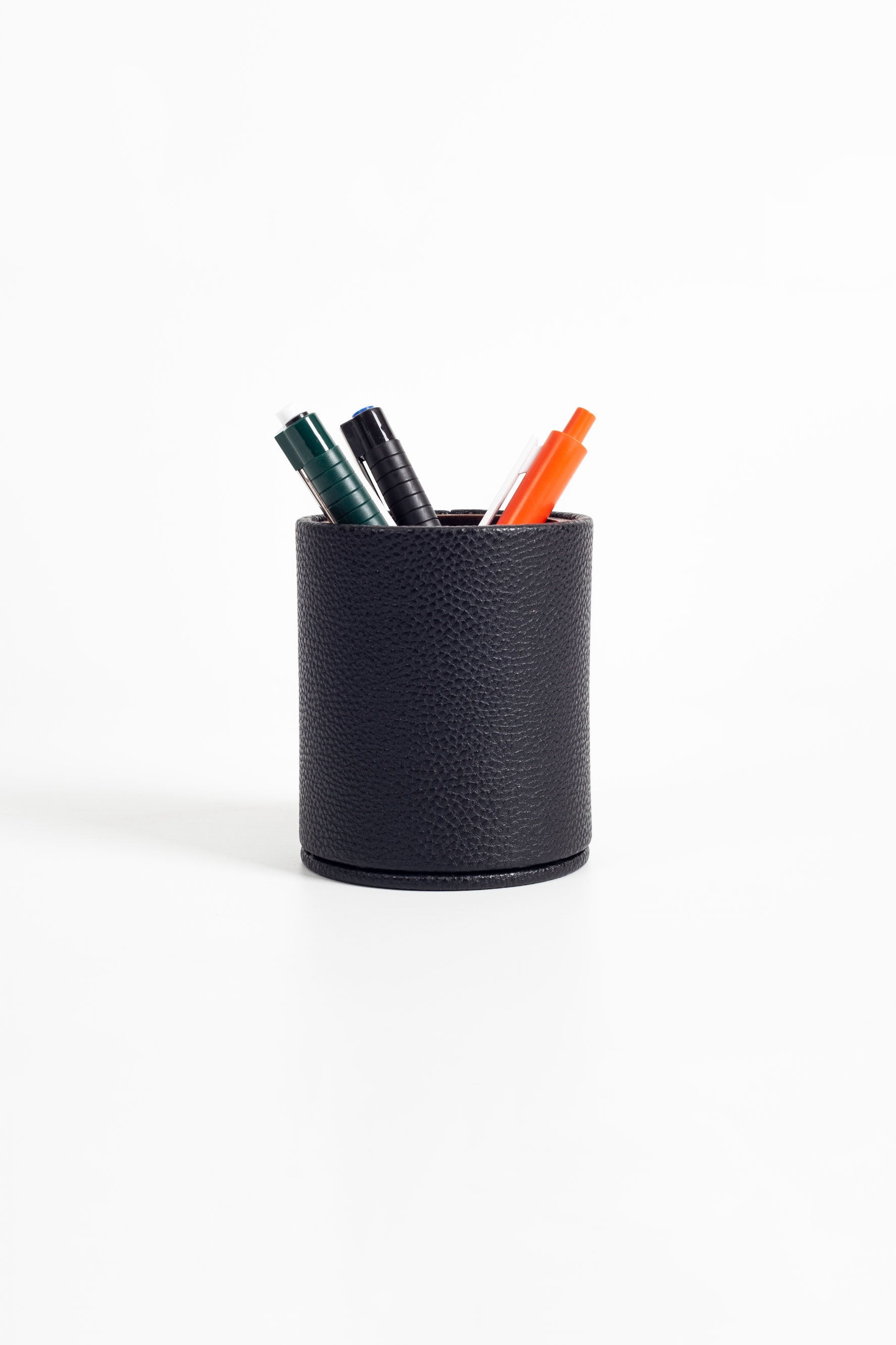 Desktop Leather Oval Wooden Detailed Pencil Holder Black