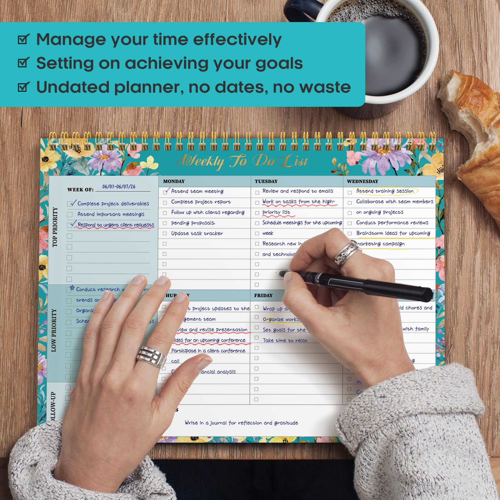 Taja Weekly To Do List Notepad, Undated Weekly Planner Pad, 8.5" x 11" | Large Desk Planner, Weekly Task Planning, College School Supplies, for Home and Office, 52 Sheets, Violet Dream