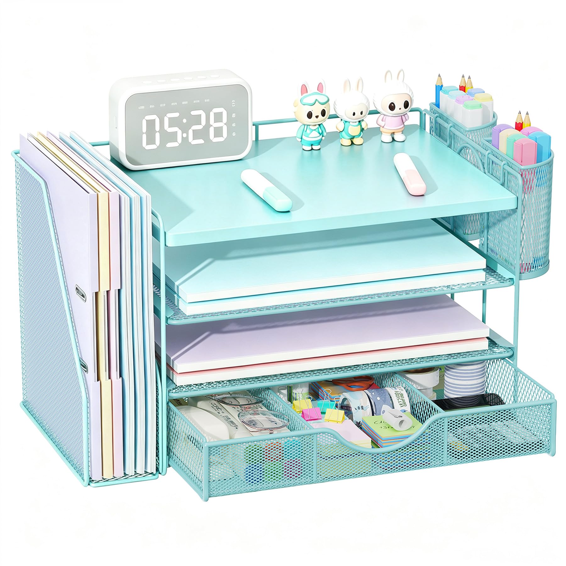 Wood Desk Organizers and Accessories with File Sorters, 4-Tier Desk Accessories & Workspace Organizers with Drawer and Pen Holder, Desk Reference Organizer (Wood, 4T with Drawer)