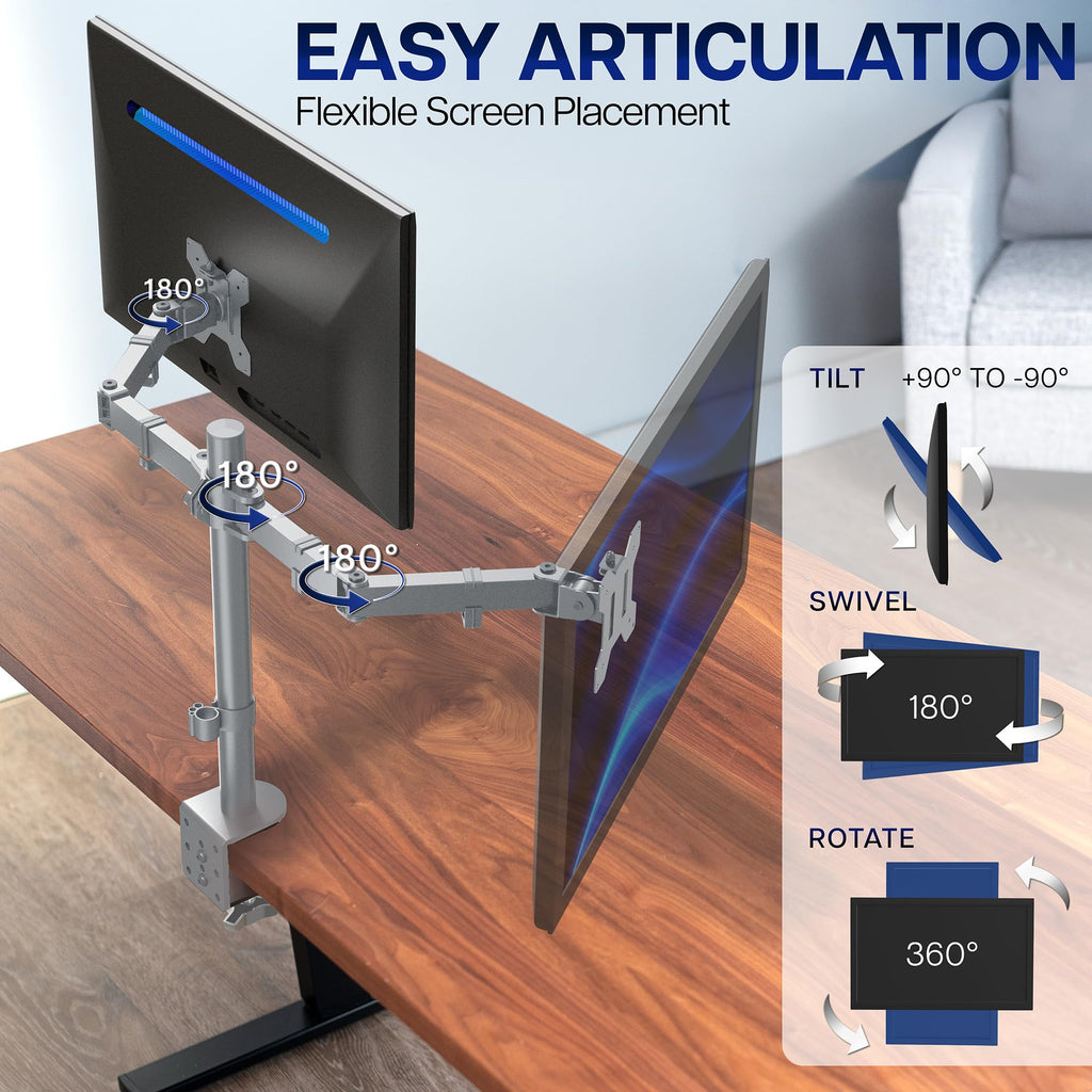 VIVO Dual Monitor Desk Mount, Holds 2 Computer Screens up to 30 inches and 22lbs Each, Heavy Duty Fully Adjustable Steel Stand with C-Clamp and Grommet, Black, STAND-V002 | Black, Articulating, Adjustable Monitor Arm, Grommet or C-Clamp Mounting, Computer