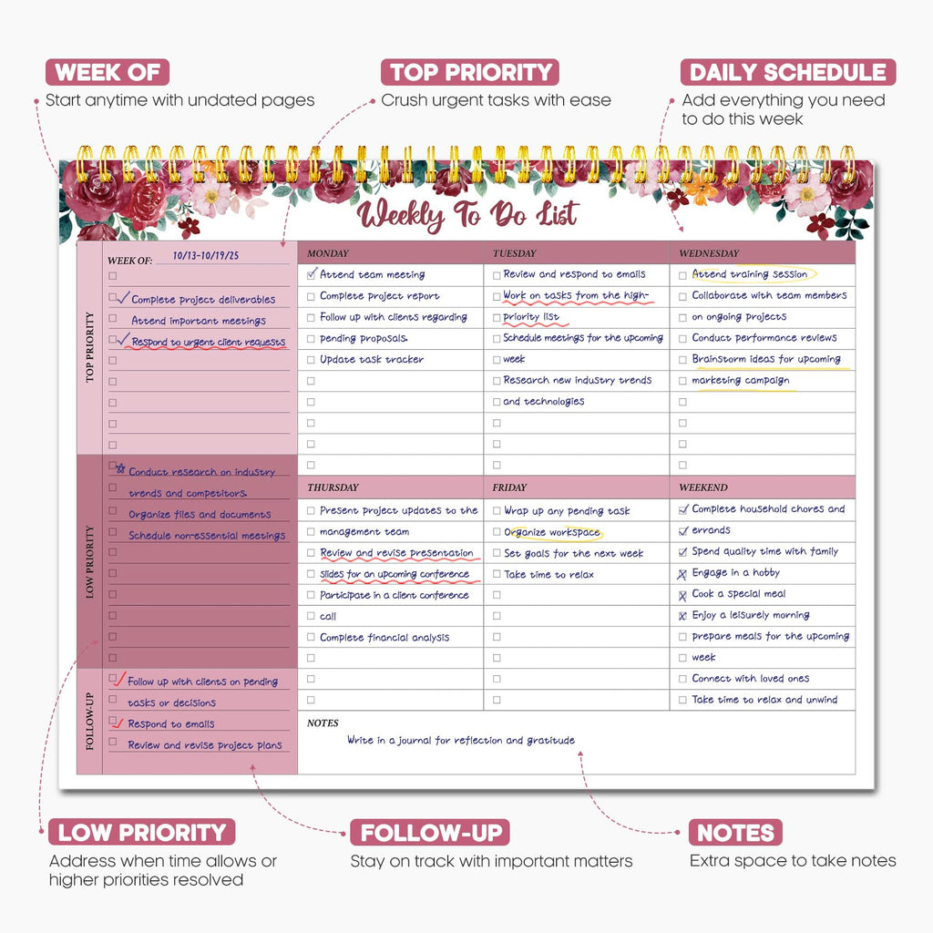 Taja Weekly To Do List Notepad, Undated Weekly Planner Pad, 8.5" x 11" | Large Desk Planner, Weekly Task Planning, College School Supplies, for Home and Office, 52 Sheets, Violet Dream